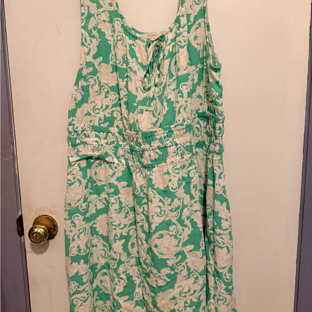 LOFT Mint Green and Cream Floral-Scroll Sleeveless Dress